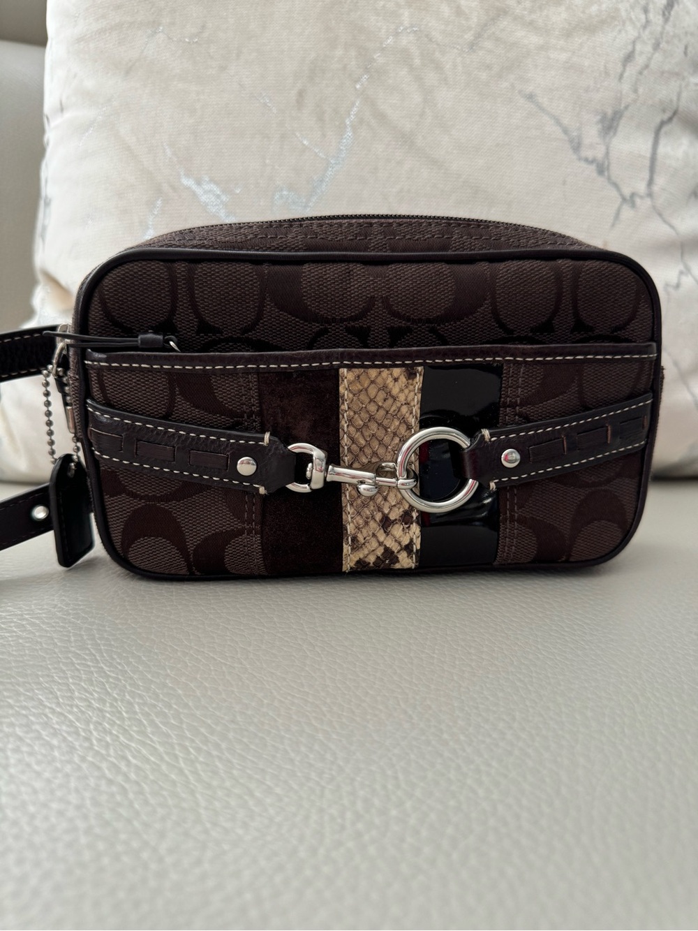 Coach Dark Brown Signature  belt, Crossbody with Snake-Print Accent